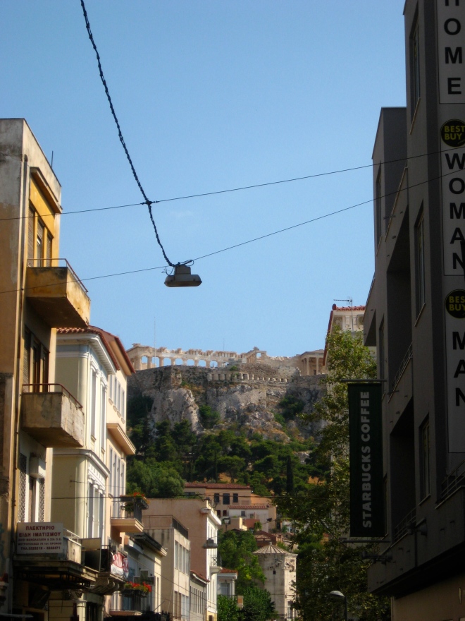 Looking up one of the streets near Monastiraki toward the Acropolis